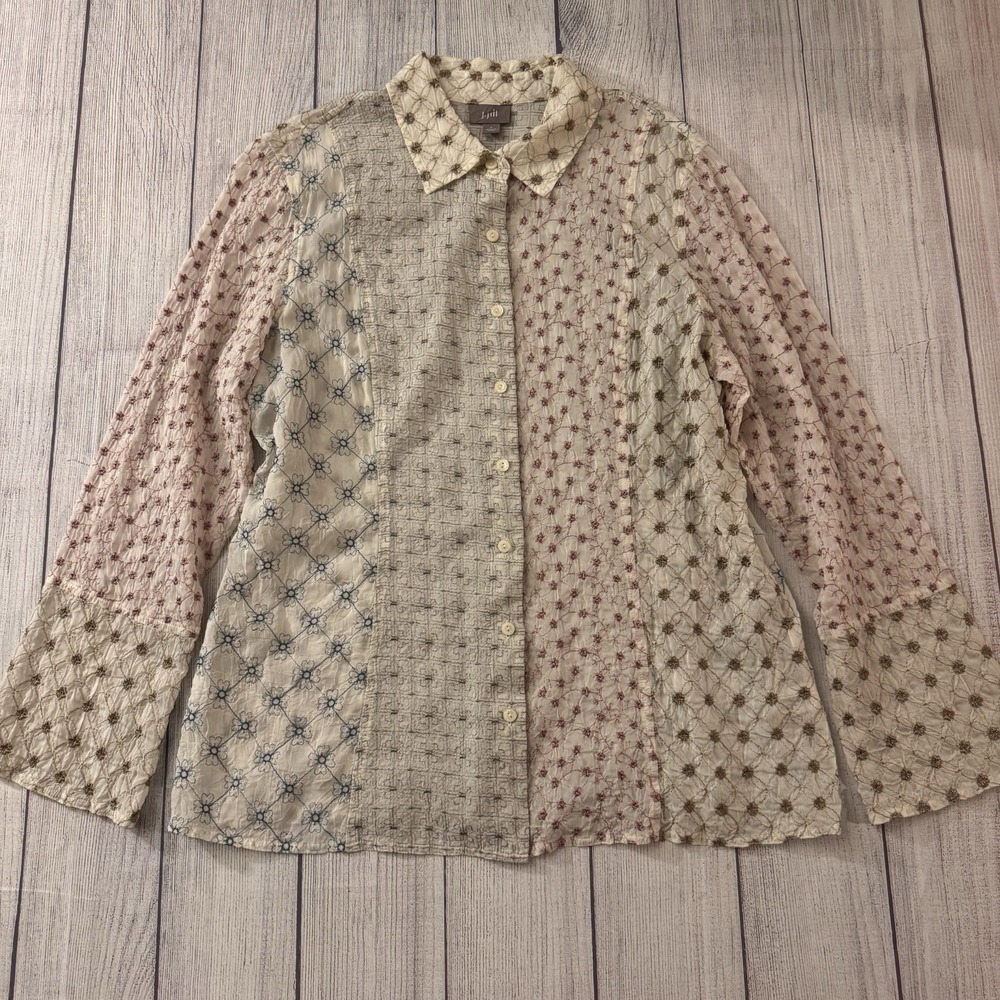 Title: J. Jill Women's Large Patchwork Embroidered Button Front Shirt Artsy Boho